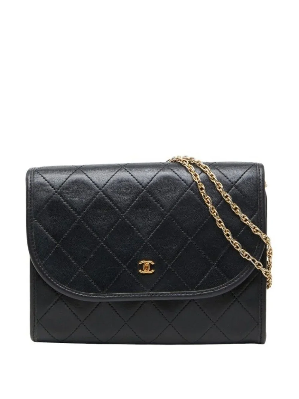 Chanel CC Logo Quilted Mini Chain Shoulder Bag Black Gold Lambskin Plated